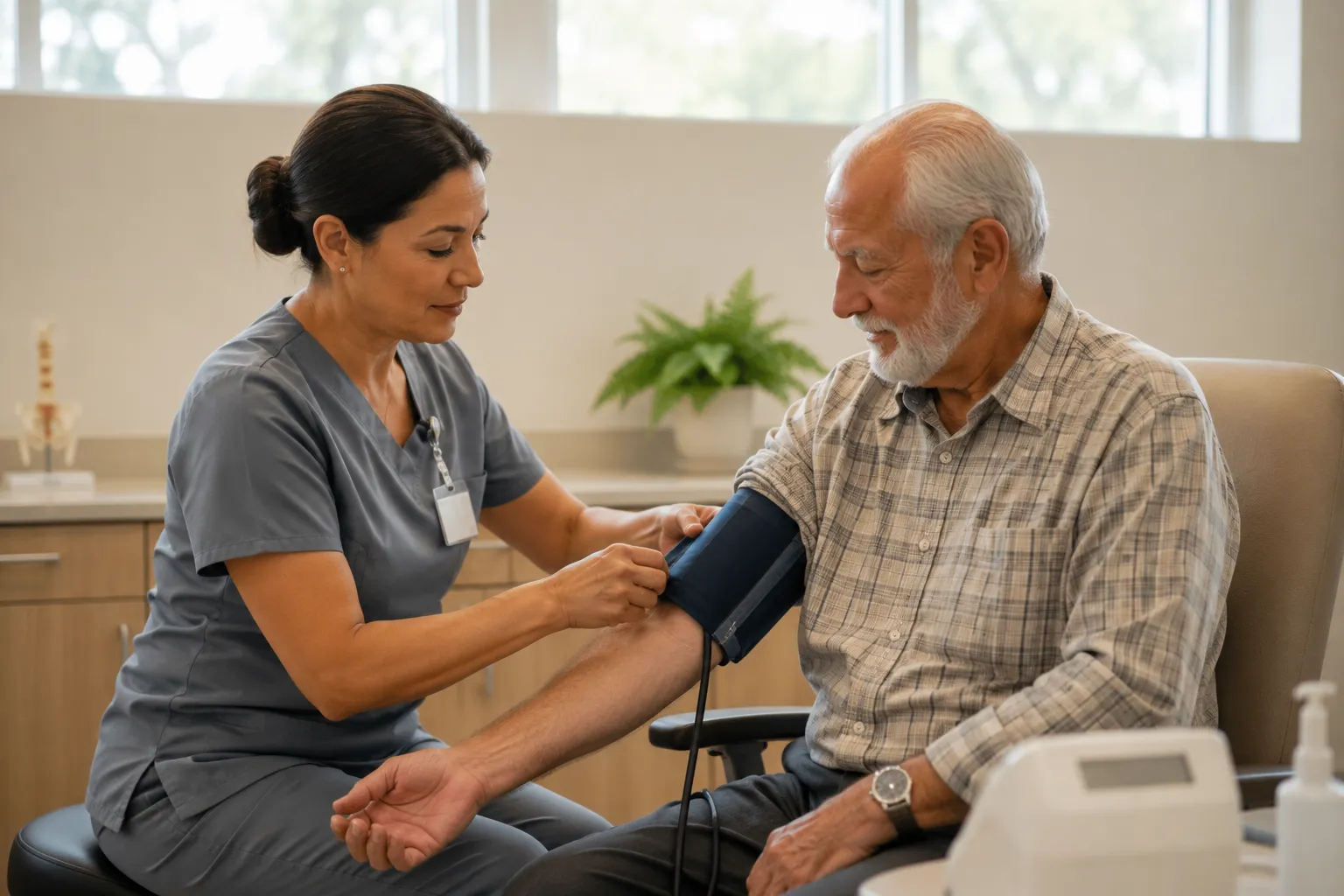 Nurse checking a resident's blood pressure in a bright wellness room